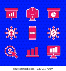 Set Mobile phone SEO optimization, Pie chart infographic, Monitor with, Dollar, share, network, Cursor and coin, Business communication, Graph, chart, diagram, and  icon. Vector