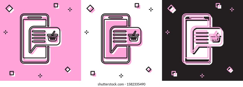 Set Mobile phone and shopping basket icon isolated on pink and white, black background. Online buying symbol. Supermarket basket symbol.  Vector Illustration