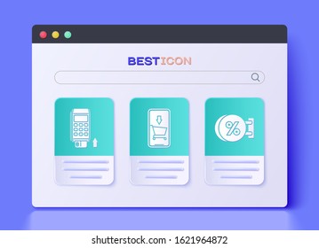 Set Mobile phone and shopping cart, Pos terminal with inserted credit card and Signboard hanging with an inscription discount percent icon. Vector