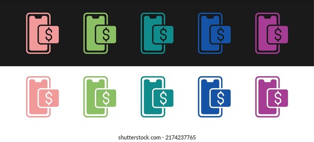 Set Mobile phone and shopping cart icon isolated on black and white background. Online buying symbol. Supermarket basket symbol.  Vector