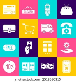 Set Mobile phone and shopping cart, Telephone, POS terminal with credit card, Shopping, Credit lock, Warranty certificate template and Delivery cargo truck vehicle icon. Vector