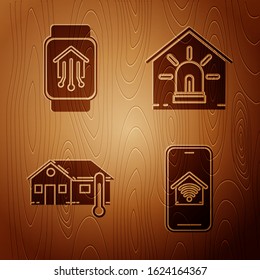 Set Mobile phone with smart home with wi-fi, Smart home with smart watch, House temperature and Smart house and alarm on wooden background. Vector