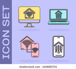 Set Mobile phone with smart home, Computer monitor with smart home with wi-fi, Smart home with wi-fi and Laptop with smart home icon. Vector