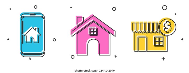 Set Mobile phone with smart home, House and House with dollar symbol icon. Vector