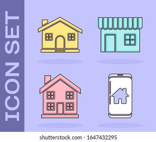 Set Mobile phone with smart home, House, Home symbol and Shopping building or market store icon. Vector