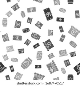 Set Mobile phone with smart home with wi-fi, Laptop with smart home with wi-fi, Laptop with house temperature and Smart watch with house under protection on seamless pattern. Vector