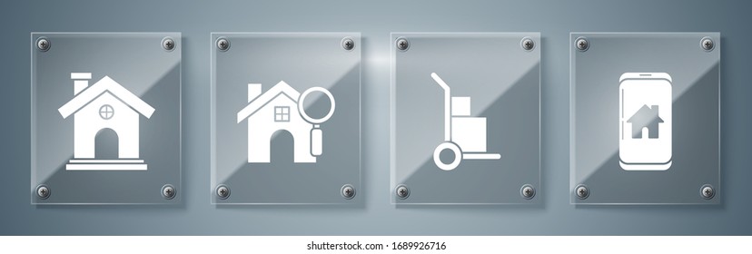 Set Mobile phone with smart home, Hand truck and boxes, Search house and House. Square glass panels. Vector