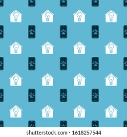 Set Mobile phone with smart house and alarm and Smart house and light bulb on seamless pattern. Vector