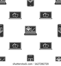 Set Mobile phone with smart house and light bulb, Laptop with smart home with wi-fi and Laptop with house under protection on seamless pattern. Vector