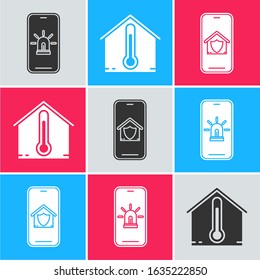 Set Mobile phone with smart house and alarm, House temperature and Mobile phone with house under protection icon. Vector