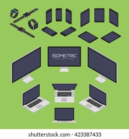Set of Mobile phone, smart watch, tablet, laptop, computer from four sides icon set vector graphic illustration. Isometric view of the front, back, right, left and top.