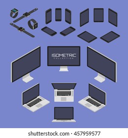 Set of Mobile phone, smart watch, tablet, laptop, computer from four sides icon set vector graphic illustration. Isometric view of the front, back, right, left and top.