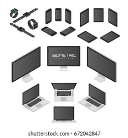 Set of Mobile phone, smart watch, tablet, laptop, computer from four sides icon set vector graphic illustration. Isometric view of the front, back, right, left and top.