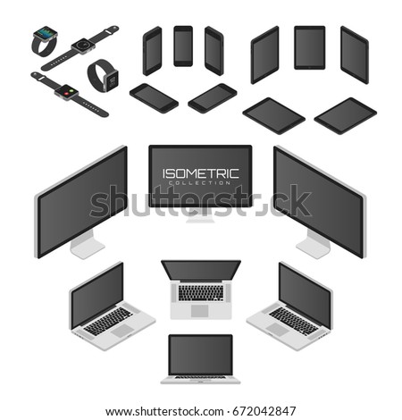 Set of Mobile phone, smart watch, tablet, laptop, computer from four sides icon set vector graphic illustration. Isometric view of the front, back, right, left and top.