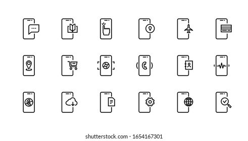 Set of mobile phone specifications line icons, smartphone functions and apps. Vector line icons with editable strokes