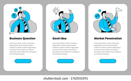 A set of mobile phone templates on business issues, searching for ideas and conquering new markets. Vector illustration in outline style.