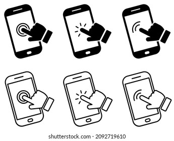 Set of mobile phone touch screen icons with hand. Smartphone symbol, click on the smartphone. Smartphone touchscreen tap signs. Vector illustration.