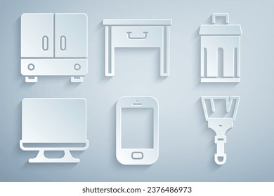 Set Mobile phone, Trash can, Smart Tv, Paint brush, Furniture nightstand and Wardrobe icon. Vector