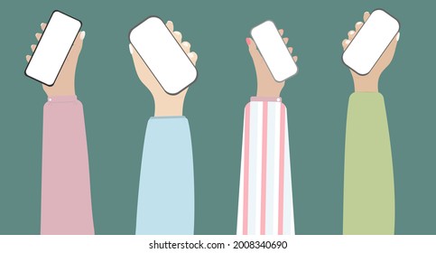 A set of mobile phones with empty screens in their hands. A template, a mockup with empty gadgets from people. A festival with smartphones. For games, apps, social networks, online purchases. Isolated