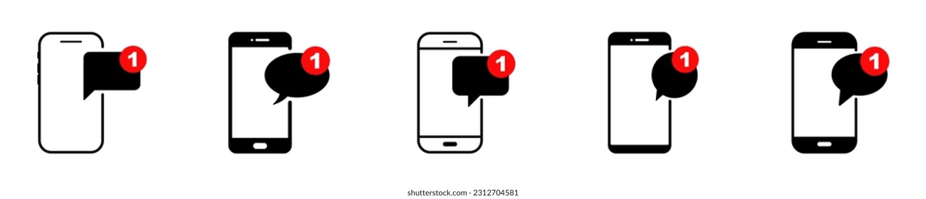 Set of mobile phones with message vector icons. Smartphone and new sms. Phone with speech bubble.