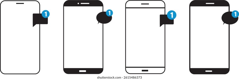 Set of mobile phones with message vector icons. notifications. One, ten, hundred and thousand messages, Blank or empty pictogram
