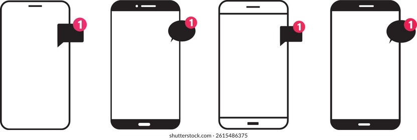 Set of mobile phones with message vector icons. notifications. One, ten, hundred and thousand messages, Blank or empty pictogram
