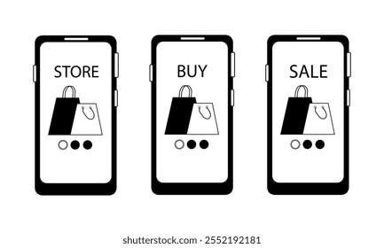 Set of mobile phones with packages on display. Shopping via mobile application on the Internet, online shopping, sale. Vector black and white outline illustration