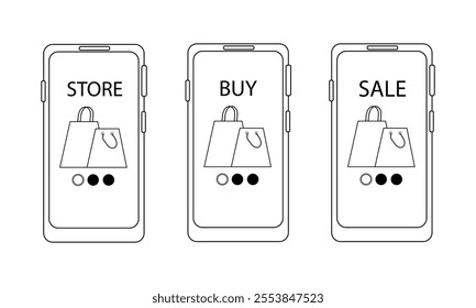 Set of mobile phones with packages on display. Shopping via mobile application on the Internet, online shopping, sale. Vector black and white outline illustration