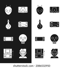 Set Mobile and playing in game, Bottle with magic elixir, Alien, Video console, Portable video, Skull, Virtual reality glasses and  icon. Vector