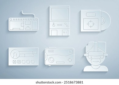 Set Mobile and playing in game, CD or DVD disk box, Create account screen, Virtual reality glasses, Retro arcade machine and Computer keyboard icon. Vector