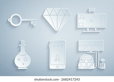 Set Mobile und spielen im Spiel, Live-Streaming online, Flasche mit magischem Elixier, Racing Simulator Cockpit, Diamant und Antike Schlüssel für Symbol. Vektorgrafik