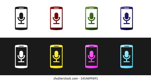 Set Mobile recording icon isolated on black and white background. Mobile phone with microphone. Voice recorder app smartphone interface. Vector Illustration
