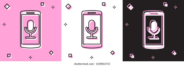Set Mobile recording icon isolated on pink and white, black background. Mobile phone with microphone. Voice recorder app smartphone interface.  Vector Illustration
