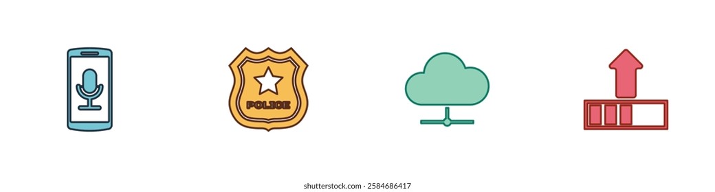 Set Mobile recording, Police badge, Network cloud connection and Loading icon. Vector