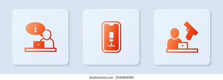 Set Mobile recording, Television report and Crime news. White square button. Vector