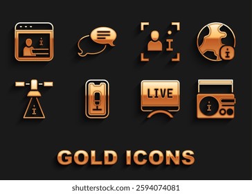 Set Mobile recording, World news, News on radio channel, Live report, Satellite, Television, Information and Speech bubble chat icon. Vector