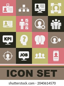 Set Mobile with resume, Create account screen, Users group, Monitor, of man in business suit, Laptop, Identification badge and  icon. Vector