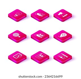 Set Mobile with review rating, Advertising, Target, Website statistic, Megaphone and Pie chart infographic icon. Vector