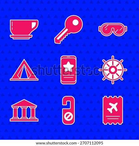 Set Mobile with review rating, Please do not disturb, Airline ticket, Ship steering wheel, Museum building, Tourist tent, Ski goggles and Coffee cup icon. Vector
