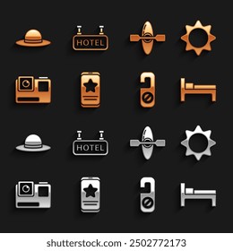 Set Mobile with review rating, Sun, Bed, Please do not disturb, Action extreme camera, Kayak or canoe, Elegant women hat and Signboard text Hotel icon. Vector