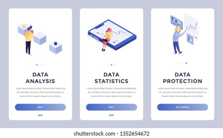 Set of mobile screens for statistics, analysis, protection. People parsing and saving information isometric vector illustration. Technology internet and networking concept. Place for text