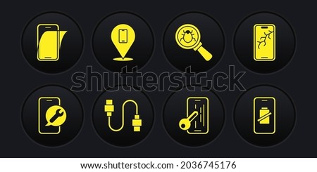 Set Mobile service, with broken screen, USB cable cord, Glass protector, System bug, Phone repair, Smartphone battery charge and  icon. Vector