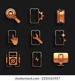 Set Mobile service, charging battery, Phone repair, Glass screen protector, Multimeter,  and System bug icon. Vector