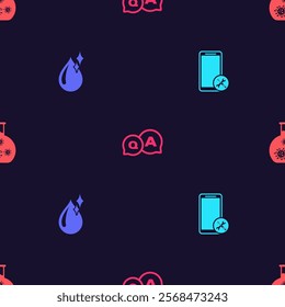 Set Mobile service, Clean water drop, Question and Answer and Test tube with virus on seamless pattern. Vector