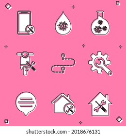 Set Mobile service, Dirty water drop, Test tube with virus, Scooter, Route location, Wrench and gear, Speech bubble chat and House icon. Vector
