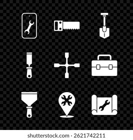 Set Mobile service, Hand saw, Shovel, Putty knife, Location with wrench, Graphing paper, Rasp metal file and Wheel icon. Vector