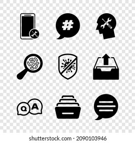 Set Mobile service, Hashtag speech bubble, Human head, Question and Answer, Drawer with documents, Speech chat, Microorganisms under magnifier and Stop virus, bacteria icon. Vector