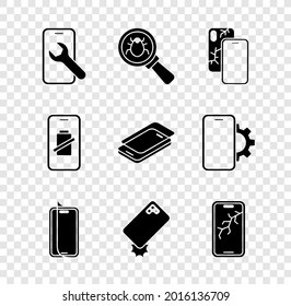 Set Mobile service, System bug, with broken screen, Glass protector, Shockproof phone, Smartphone battery charge and  icon. Vector