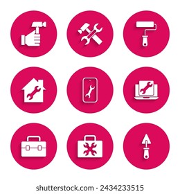Set Mobile service, Toolbox, Trowel, Laptop, House repair, Paint roller brush and Hammer icon. Vector