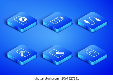 Configure Mobile con el escudo, el servicio, la pantalla rota, la batería y el icono del cable USB. Vector